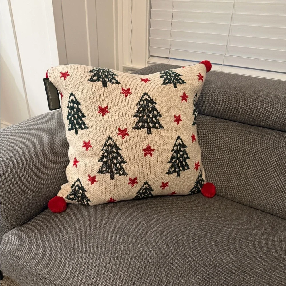 New Christmas Pillow with Red and Green and cream colored trees and stars!